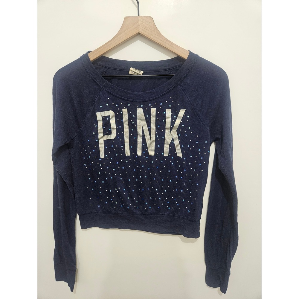 PINK Victoria's Secret Navy Blue Rhinestone Logo Crop Top Long Sleeve Small